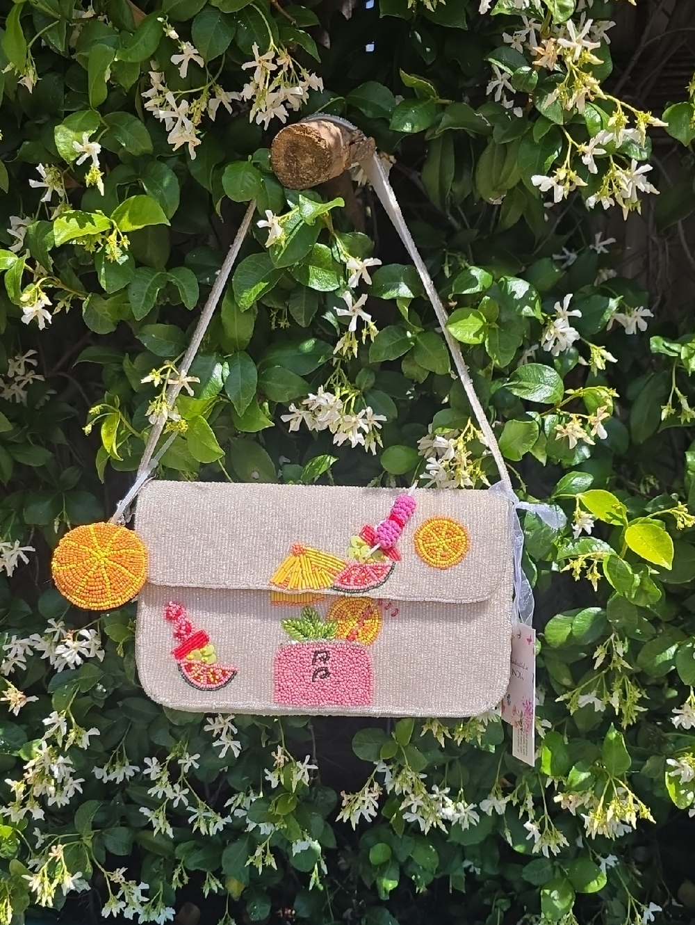 Viral Cream Cocktail Beaded Bag With Orange Bag Charm